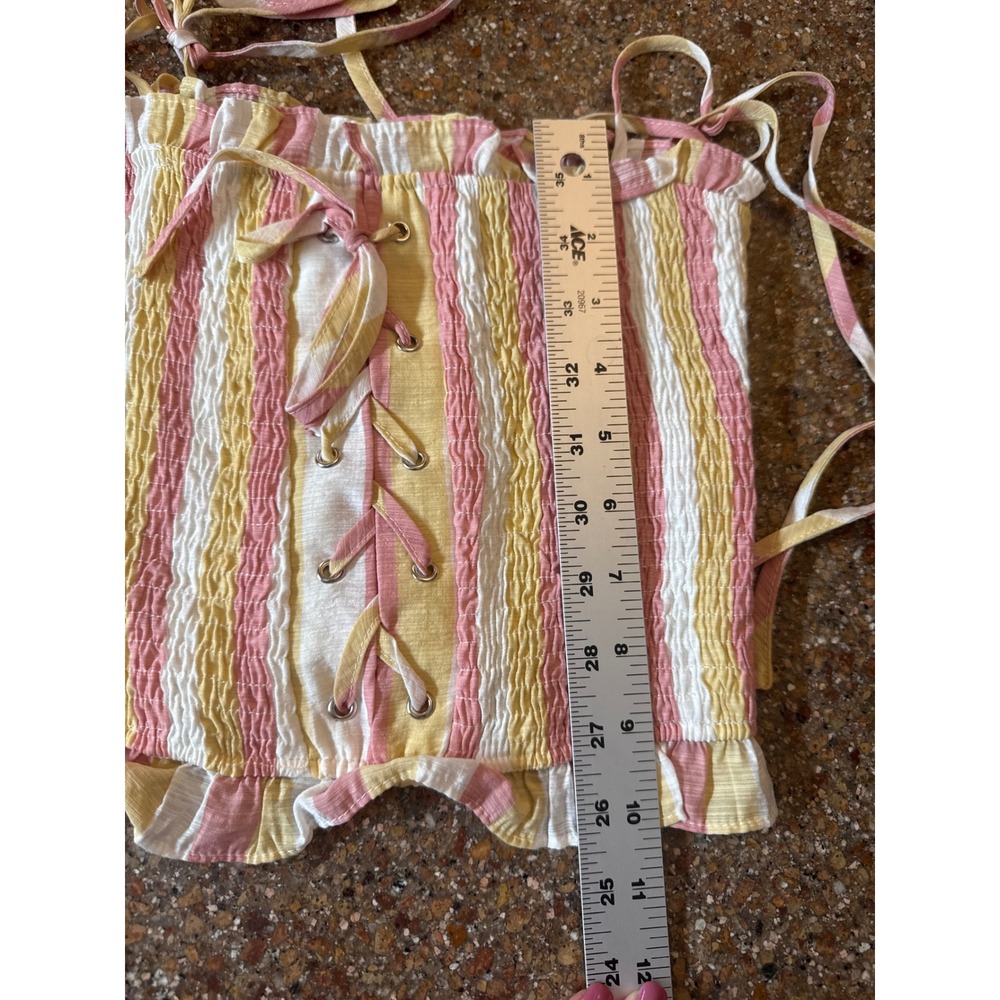 Blue Blush Smocked Crop Top S Pink Yellow Striped Lace Up Boho Beach Cottagecore - Picture 8 of 8